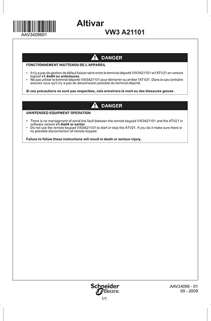 schneider施耐德Instruction Sheet ATV21 Warning remote display